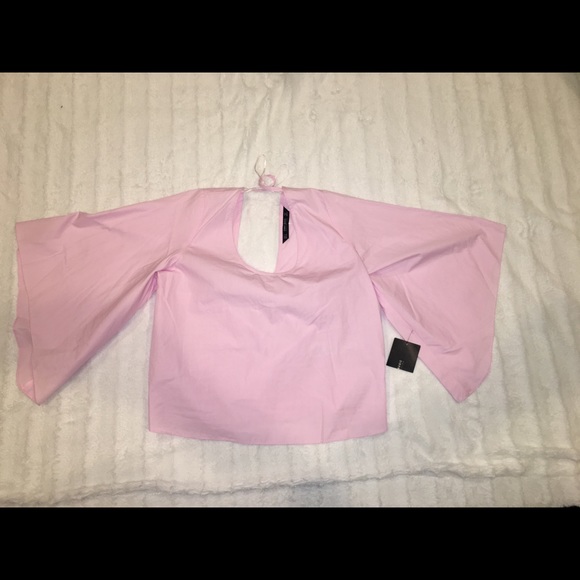 Zara Pink Crop Top 3/4 Bell Sleeve Bow Pleat Back